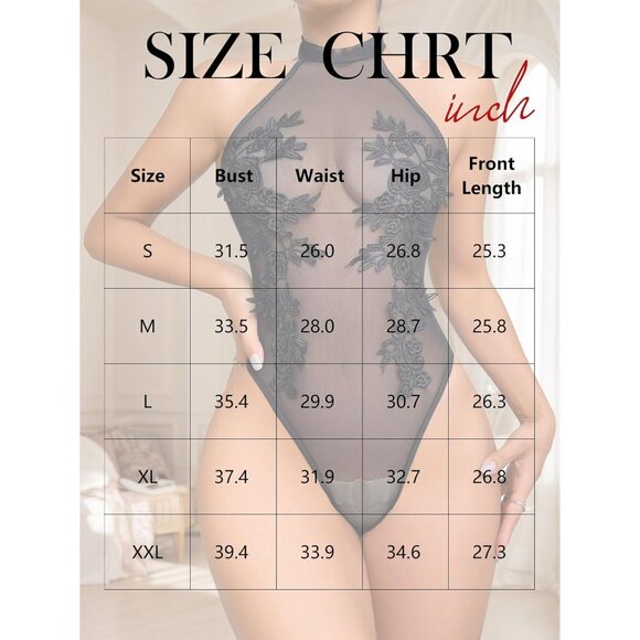 Women  Sexy Mesh Halter Snap Crotch Body Suits Sheer Emboroidered One Piece - Picture 6 of 6